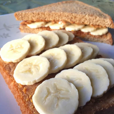 close up of peanut butter banana pumpkin sandwich